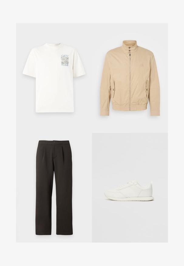 Beige lightweight jacket with high collar, front zipper, side pockets, and elastic cuffs. Textured fabric with a subtle sheen.; White cotton t-shirt with short sleeves, featuring a blue and gray floral design and the text "GUESS DESIGN" in an illustrated style.; Dark brown, straight-leg trousers with a flat front, two pleats, and a button closure. Made of smooth fabric with a slight texture.; White sneaker with a mesh and synthetic upper, round toe, flat laces, and a textured side stripe. Rubber sole with a pull tab at the back.