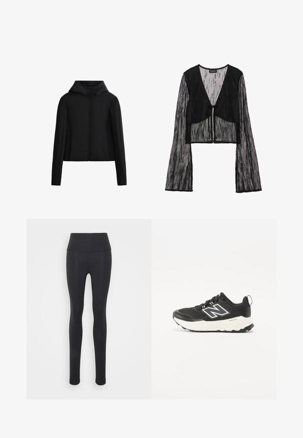 Černá kapucová bunda vyrobená z lehké tkaniny. Disponuje předním zipem, dlouhými rukávy a zkráceným střihem. Hladká textura bez viditelných vzorů.; Černý zkrácený top vyrobený z průhledné síťoviny. Má zavazování vpředu a dlouhé zvonové rukávy s texturovaným vzorem.; Černé legíny vyrobené z elastického materiálu s vysokým pasem, s hladkou texturou a přiléhavým střihem. Žádné vzory ani kovové prvky nejsou viditelné.; Černé sportovní boty s texturovaným svrškem, kontrastní bílou mezipodešví a výrazným šedým logem na straně. Gumová podešev s dobrou trakci.