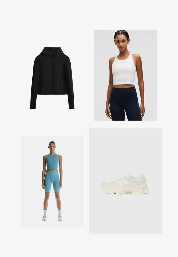Czarna kurtka z kapturem wykonana z lekkiego materiału. Posiada zamek błyskawiczny z przodu, długie rękawy i krótki krój. Gładka faktura bez widocznych wzorów.; Biały, ribbed crop top z okrągłym dekoltem i grubymi ramiączkami, w połączeniu z czarnymi legginsami o wysokim stanie. Gładki, elastyczny materiał.; On - Rajstopy; Lekki sneakers z siateczkową i zamszową cholewką w delikatnych kremowych odcieniach, z masywną podeszwą i trójwymiarowymi akcentami.