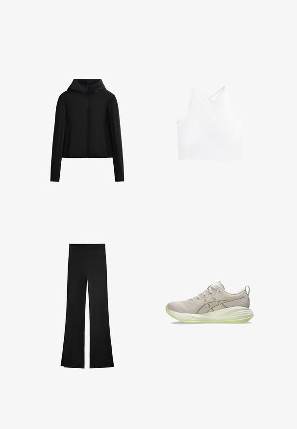 Giacca nera con cappuccio realizzata in tessuto leggero. Presenta una zip frontale, maniche lunghe e una vestibilità cropped. Tessuto liscio senza motivi visibili.; Top corto sportivo bianco con un collarino alto e doppie spalline incrociate sul retro, realizzato in un tessuto morbido e elasticizzato.; Pantaloni neri con una linea a gamba larga, dotati di una vita alta e fessure laterali per facilitare il movimento. Realizzati in un tessuto morbido ed elasticizzato.; Scarpa sportiva grigio chiaro con parte superiore in tessuto liscio, dettagli giallo-verdi, suola texturizzata e sistema di allacciatura tradizionale.