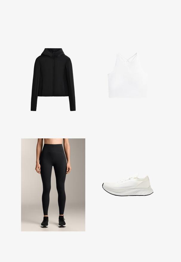Takki, jossa on musta huppari, valmistettu kevyestä kankaasta. Ominaisuuksiin kuuluvat etuvetoketju, pitkät hihat ja lyhennetty leikkaus. Sujuva pinta ilman havaittavia kuvioita.; Valkoinen urheilullinen lyhyt toppi korkealla kauluksella ja kaksinkertaisilla ristikkäisillä hihnoilla selässä, jossa on sileä ja joustava kangastekstuuri.; Mustat korkeavyötäröiset legginsit, jotka on valmistettu joustavasta kankaasta, ja joissa on sileä pinta, saumarakenne ja tiukka muotoilu.; Valkoinen juoksukenkä, jossa on verkkopäällinen, kevyt muotoilu, sileä pyöreä pohja ja musta kumipohja. Sisältää litteät nauhat ja minimaaliset korostukset.