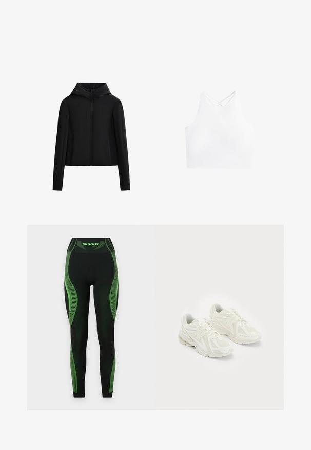 Svart huva jacka gjord av lättviktigt tyg. Har en framzipper, långa ärmar och en kort skärning. Slät textur utan synliga mönster.; Vit atletisk crop top med hög halsringning och dubbla korsade band på baksidan, med en slät och elastisk tygtextur.; MISBHV Leggings - Byxor - black/green; Vita sportskor i vitt med mesh och syntetiska material, snörningsdesign, vadderad krage och texturerad sula för grepp. Lättviktig konstruktion.