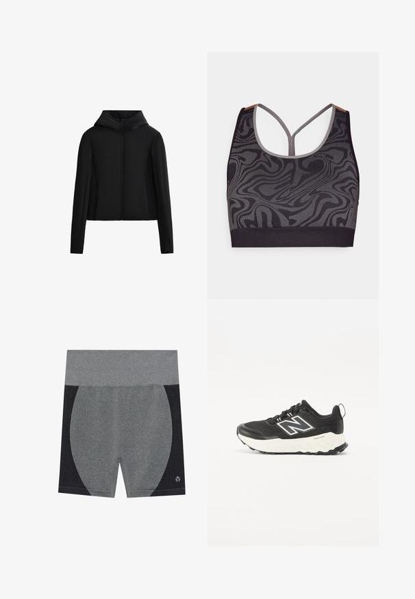 Sort hættetrøje lavet af letvægtsstof. Har en frontlynlås, lange ærmer og en cropped snit. Glat tekstur uden synlige mønstre.; Sort sports-bh med grå spiralmønster, med en scoopudskæring og racerback-design. Lavet af struktureret strikstof.; Grå atletisk shorts med en bred elastisk talje. Har et struktureret sort sidepanel og et logo i nederste højre hjørne. Glat materiale.; Sort sportsko med et tekstureret stofoverdel, en kontrasterende hvid mellemsål og et fremtrædende gråt logo på siden. Gummisål med godt greb.