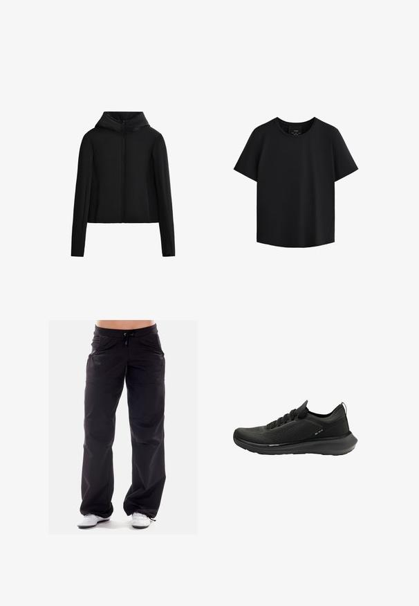 Jachetă neagră cu glugă, confecționată dintr-un material ușor. Dispune de un fermoar frontal, mâneci lungi și o croială scurtă. Textură netedă, fără modele vizibile.; Top scurt negru cu mâneci scurte și guler rotund, realizat dintr-un material neted, având o croială dreaptă și cusături laterale subtile pentru conturare.; Pantaloni sportivi negri, cu o croială lejeră, talie elastică și șnur. Include buzunare laterale și un material neted, texturat.; Pantof sportiv negru, cu partea superioară din plasă texturată, talpă curbată și design minimalist, prevăzut cu închidere cu șiret și branding subtil.