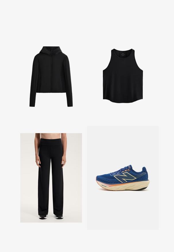 Črna kapuca jakna iz lahkih materialov. Ima sprednji zadrgo, dolge rokave in krajši kroj. Gladka tekstura brez vidnih vzorcev.; Črna brezrokavna bluza iz gladkega materiala, ki ima okroglo izrezovanje, raven kroj in stranske panele z rahlo teksturo.; Črne široke športne hlače z visokim pasom. Narejene iz gladkega, raztegljivega materiala, z udobnim fitom in rahlo teksturo.; Modra tekaška čevlja z zračnim mrežastim zgornjim delom, obloženim ovratnikom in podplatom s podlogo v oranžni barvi. Vidna blagovna znamka "Fresh Foam".