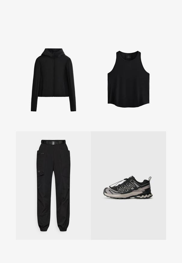 Sort hættetrøje lavet af letvægtsstof. Har en frontlynlås, lange ærmer og en cropped snit. Glat tekstur uden synlige mønstre.; Sort ærmeløs top lavet af glat stof, med en rund halsudskæring, lige snit og sidelapper med en subtil tekstur.; Sorte cargo-bukser med elastiske manchetter, flere lommer, et bælte og et glat, let struktureret stof. Har en lynlåslomme på siden.; Sort og grå atletiksko med overdel i mesh, gummisål og elastisk snøresystem. Har forstærket tå og teksturerede detaljer.