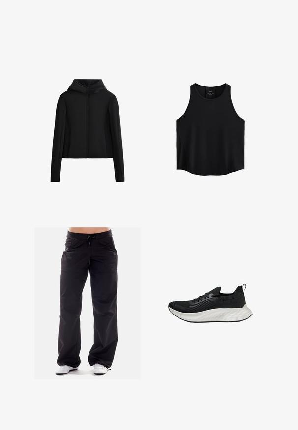 Jachetă neagră cu glugă, confecționată dintr-un material ușor. Dispune de un fermoar frontal, mâneci lungi și o croială scurtă. Textură netedă, fără modele vizibile.; Top negru fără mâneci, realizat dintr-un material neted, cu un decolteu rotund, croială dreaptă și panouri laterale cu o textură discretă.; Pantaloni sportivi negri, cu o croială lejeră, talie elastică și șnur. Include buzunare laterale și un material neted, texturat.; Pantofii sport negri au un superior texturat, o talpă albă căptușită și branding subtil. Dispun de un tab de tragere și închidere cu șiret.
