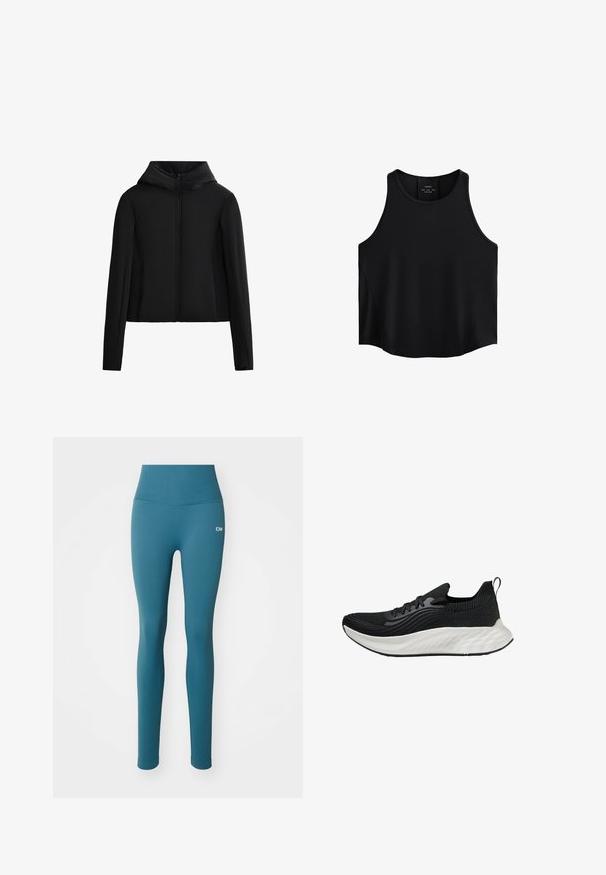 Črna kapuca jakna iz lahkih materialov. Ima sprednji zadrgo, dolge rokave in krajši kroj. Gladka tekstura brez vidnih vzorcev.; Črna brezrokavna bluza iz gladkega materiala, ki ima okroglo izrezovanje, raven kroj in stranske panele z rahlo teksturo.; Tirkizne rebraste leggins s visokim pasom in detajlom logotipa. Gladka tekstura in prilegajoča zasnova, primerna za aktivno nošenje.; Črne atletske čevlje s teksturiranim zgornjim delom, belim oblazinjenim podplatom in diskretnim logotipom. Imajo zanko za lažje obuvanje in vezalni sistem.