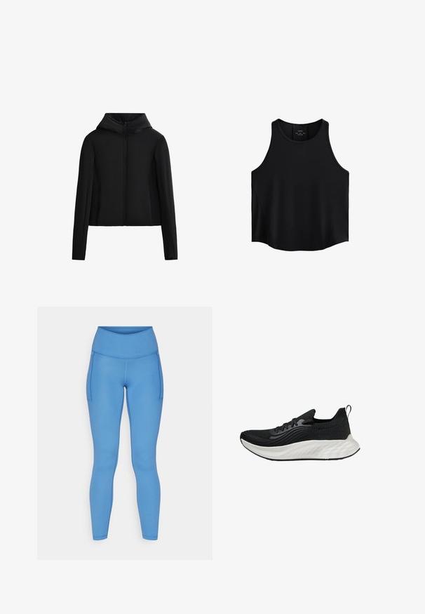 Črna kapuca jakna iz lahkih materialov. Ima sprednji zadrgo, dolge rokave in krajši kroj. Gladka tekstura brez vidnih vzorcev.; Črna brezrokavna bluza iz gladkega materiala, ki ima okroglo izrezovanje, raven kroj in stranske panele z rahlo teksturo.; Modre legice z visokim pasom, gladko teksturo, stranskimi žepi in oprijetim dizajnom za aktivno obleko.; Črne atletske čevlje s teksturiranim zgornjim delom, belim oblazinjenim podplatom in diskretnim logotipom. Imajo zanko za lažje obuvanje in vezalni sistem.