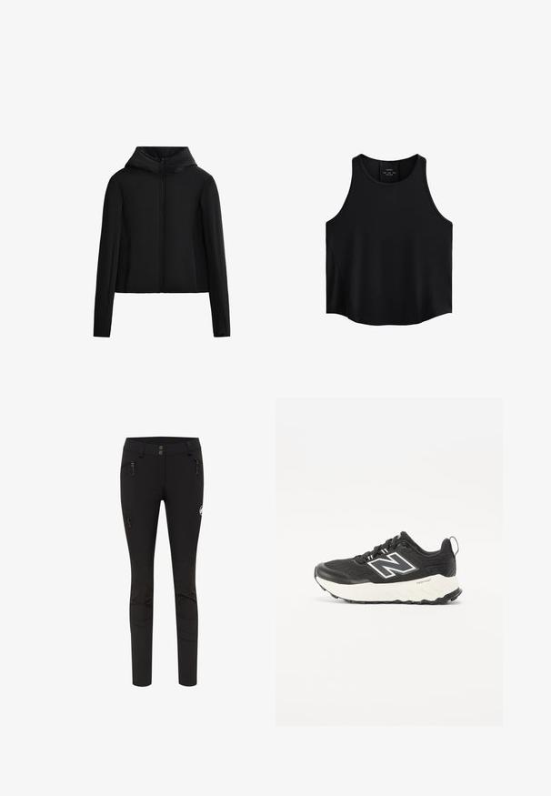 Zwarte hoodiejack gemaakt van lichtgewicht stof. Heeft een rits aan de voorkant, lange mouwen en een cropped snit. Glad textuur zonder zichtbare patronen.; Zwarte mouwloze top van gladde stof, met een ronde halslijn, rechte snit en zijpanelen met een subtiele textuur.; Zwarte stretchbroek met een aansluitend ontwerp, voorzien van twee met rits afsluitbare zijzakken en een logo-opdruk op de dij. Glad materiaal met stiksels.; Zwarte sportieve schoenen met een bovenwerk van textuurstof, een contrasterende witte tussenzool en een prominente grijze logo aan de zijkant. Rubberen zool met grip.