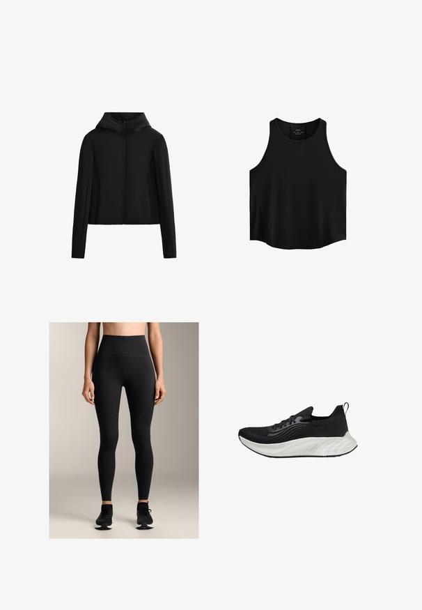 Svart huva jacka gjord av lättviktigt tyg. Har en framzipper, långa ärmar och en kort skärning. Slät textur utan synliga mönster.; Svart ärmlös topp i ett glatt tyg, med en rundad halsringning, rak skärning och sidopaneler med en subtil struktur.; Höga svarta leggings i ett elastiskt tyg, med en slät yta, sömdetaljer och en åtsittande design.; Svart atletisk sko med en texturerad ovandel, en vit vadderad sula och subtil märkeslogotype. Har en dragflik och snörning.