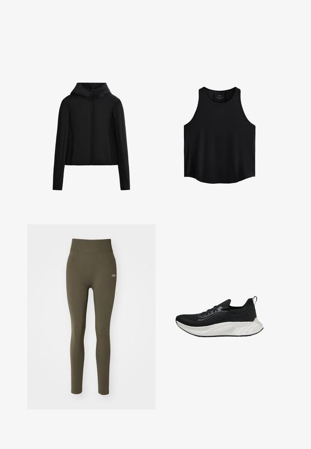 Črna kapuca jakna iz lahkih materialov. Ima sprednji zadrgo, dolge rokave in krajši kroj. Gladka tekstura brez vidnih vzorcev.; Črna brezrokavna bluza iz gladkega materiala, ki ima okroglo izrezovanje, raven kroj in stranske panele z rahlo teksturo.; Olive zelene legice z visokim pasom, izdelane iz elastičnega materiala. Imajo diskretno logo na levi strani in gladko teksturo.; Črne atletske čevlje s teksturiranim zgornjim delom, belim oblazinjenim podplatom in diskretnim logotipom. Imajo zanko za lažje obuvanje in vezalni sistem.