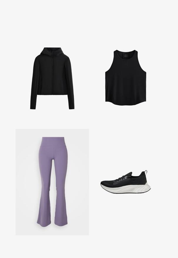 Crna kapuljača od laganog materijala. Ima prednji patentni zatvarač, duge rukave i skraćeni kroj. Glatka tekstura bez vidljivih uzoraka.; Crna bezrukavna majica od glatkog materijala, s okruglim dekolteom, ravnim krojem i bočnim panelima s suptilnom teksturom.; Lavanda tajice s flared krojem od rastezljivog materijala s visokim strukom; glatka tekstura i jednostavan dizajn bez uzoraka ili naglaska.; Crna atletska cipela s teksturiranim gornjim dijelom, bijelim jastučićem potplatom i suptilnim brendingom. Ima petlju za povlačenje i vezanje.