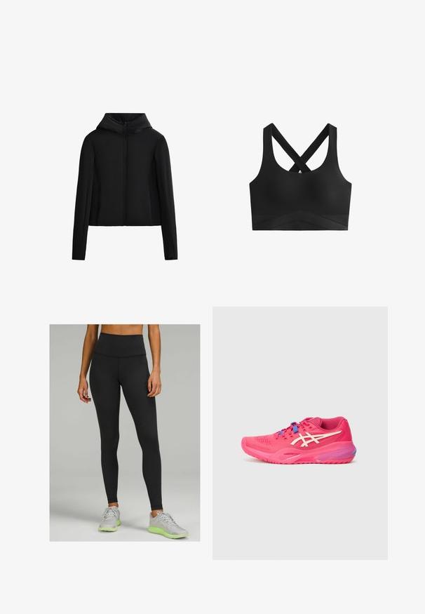 Sort hættetrøje lavet af letvægtsstof. Har en frontlynlås, lange ærmer og en cropped snit. Glat tekstur uden synlige mønstre.; Sort sportsbh med krydsede stropper, glat overflade og en bred kant med et chevron-mønster på den nederste del.; Højlivet sorte leggings lavet af et strækbart materiale med en glat tekstur og en tætsiddende pasform. Båret med lysegrå træningssko.; Sportssko i livlig pink, med mesh-struktur, minimalistisk design, hvide detaljer og blå snørebånd. Buet sål med aerodynamisk form.