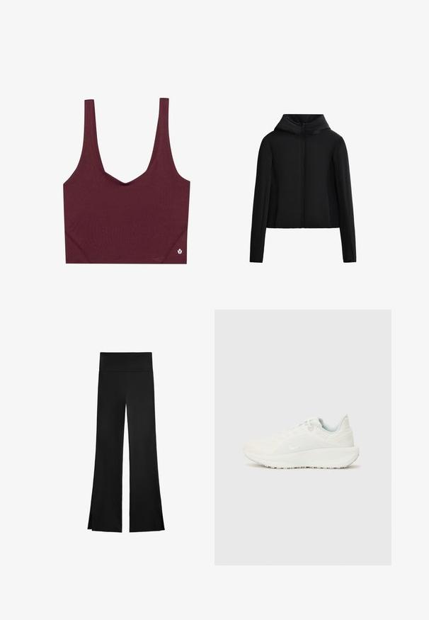 Crna kapuljača od laganog materijala. Ima prednji patentni zatvarač, duge rukave i skraćeni kroj. Glatka tekstura bez vidljivih uzoraka.; Bordo sportski grudnjak s v-izrezom, izrađen od glatke tkanine. Ima široke naramenice i mali logo na donjem desnom dijelu.; Crne hlače širokog kroja, s visokim strukom i bočnim prorezima za lakše kretanje. Izrađene su od glatkog, rastezljivog materijala.; Bijele atletske tenisice s teksturiranim gornjim dijelom, podstavljenim okovratnikom i vezanjem. Imaju zakrivenu potplat i suptilno brendiranje sa strane.