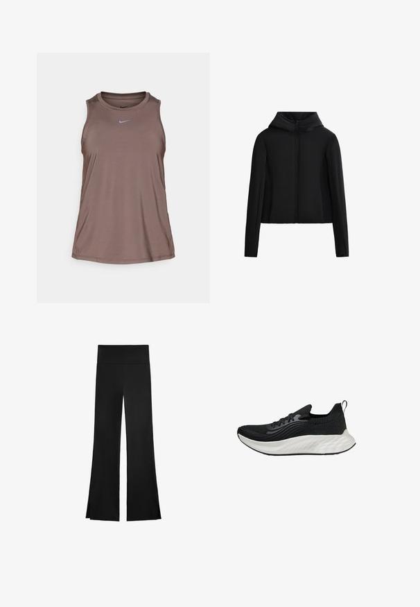 Črna kapuca jakna iz lahkih materialov. Ima sprednji zadrgo, dolge rokave in krajši kroj. Gladka tekstura brez vidnih vzorcev.; Nike Performance ONE CLASSIC TANK - Top - ironstone/black; Črne hlače širokega kroja, z visokim pasom in stranskimi režami za lažje gibanje. Narejene iz gladkega, elastičnega materiala.; Črne atletske čevlje s teksturiranim zgornjim delom, belim oblazinjenim podplatom in diskretnim logotipom. Imajo zanko za lažje obuvanje in vezalni sistem.