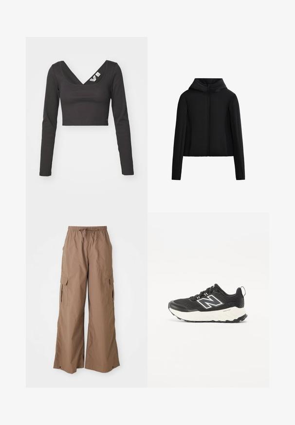 Veste à capuche noire en tissu léger. Présente une fermeture éclair à l'avant, de longues manches et une coupe courte. Texture lisse sans motifs visibles.; Top court à manches longues noir à côtes avec un décolleté en V profond et une coupe ajustée. Présente des étiquettes à l'intérieur du col. Texture lisse.; Pantalons cargo amples marron avec taille à cordon et poches latérales à rabat, design à jambes larges, présentés sur fond blanc.; Baskets de sport noires avec une tige en tissu texturé, une semelle intermédiaire blanche contrastante et un logo gris proéminent sur le côté. Semelle en caoutchouc avec traction.