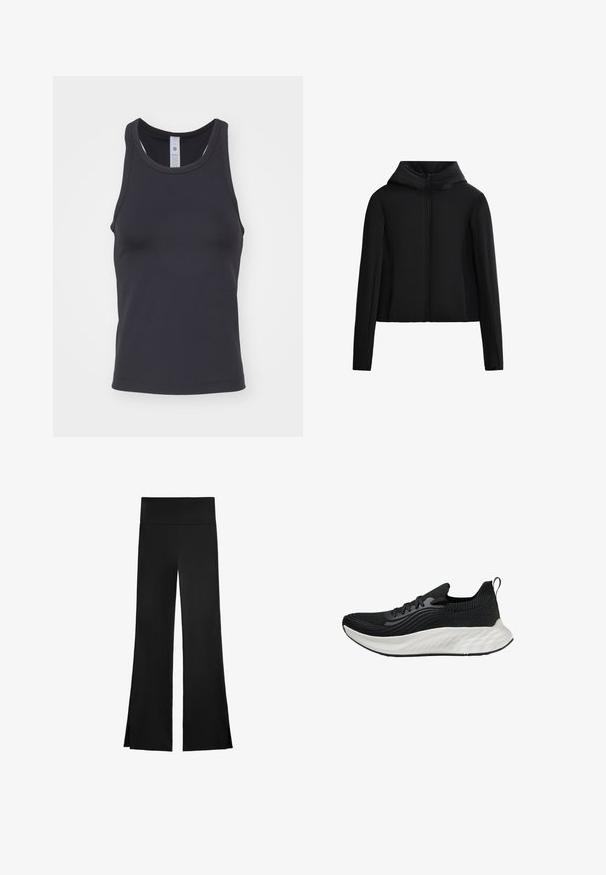 Giacca nera con cappuccio realizzata in tessuto leggero. Presenta una zip frontale, maniche lunghe e una vestibilità cropped. Tessuto liscio senza motivi visibili.; Top nero senza maniche realizzato in tessuto morbido ed elasticizzato. Presenta un collo arrotondato e spalline larghe, progettato per una vestibilità aderente.; Pantaloni neri con una linea a gamba larga, dotati di una vita alta e fessure laterali per facilitare il movimento. Realizzati in un tessuto morbido ed elasticizzato.; Scarpe sportive nere con tomaia testurizzata, suola bianca ammortizzata e branding discreto. Presentano un'utilità per il tallone e chiusura con lacci.