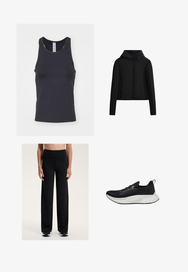 Black hooded jacket made from lightweight fabric. Features a front zipper, long sleeves, and a cropped cut. Smooth texture with no visible patterns.; Black tank top made of soft, stretchy fabric. Features a rounded neckline and wide shoulder straps, designed for a snug fit.; Black wide-leg athletic pants with a high waistband. Made from smooth, stretchy fabric, featuring a relaxed fit and subtle texture.; Black athletic shoe with a textured upper, a white cushioned sole, and subtle branding. Features a pull tab and lace-up closure.