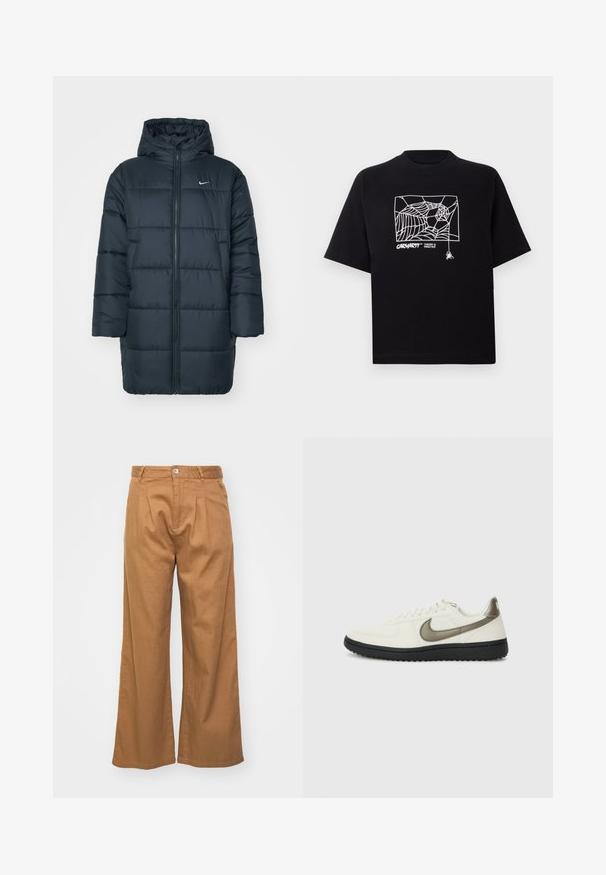 Donkere marineblauwe pufferjas, met capuchon, volledige rits aan de voorkant, ribgebreide manchetten en een gewatteerd ontwerp met horizontale stiksels. Nike-logo op de borst.; Zwarte T-shirt van katoen met korte mouwen. Voorzien van een witte spinnenwebgrafiek en logo op de voorkant. Eenvoudige ronde halslijn.; Lichtbruine wijde broek met een gestructureerde stof, voorzien van voorplooien en een enkele knoopsluiting in de taille.; Nike Sportswear FIELD GENERAL - Sneakers laag - off-white/black