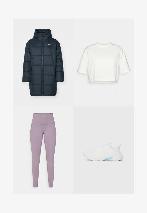Dunjacka i mörk marinblå, med huva, hela framdragkedjan, ribbade ärmslut och quiltad design med horisontell söm. Nike-logotyp på bröstet.; Kortärmad t-shirt i vitt bomull, croppad. Har rund halsringning och avslappnad passform med rullad nederkant. Mjukt material, utan mönster.; Höga lavendelleggings tillverkade av stretchigt material med en slät yta och utan synliga mönster eller metalldetaljer.; Vita sportskor med texturerat mesh-överdrag och ljusblå detaljer. Har rund tå, platta snörning och vadderad ankelkrage.