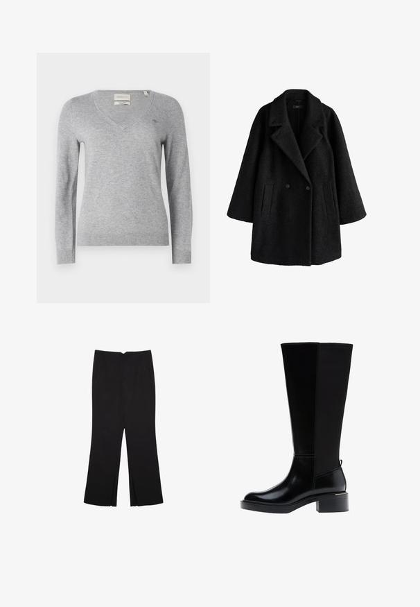 Černý dvouřadý vlněný kabát s širokými klopami, dvěma předními kapsami a volným, mírně oversized střihem.; Šedý svetr s výstřihem do V vyrobený z měkké tkaniny, s dlouhými rukávy a malým logem na hrudi. Hladký lem a manžety.; Černé kalhoty s rovným střihem, s předními kapsami a bočními rozparky na lemu. Vyrobené z jemné, hladké tkaniny. Vhodné na různé příležitosti.; Černá kozačka ke kolenu z hladké kůže, s výrazným prošíváním, robustním podpatkem a texturovaným zadním panelem pro větší zajímavost.