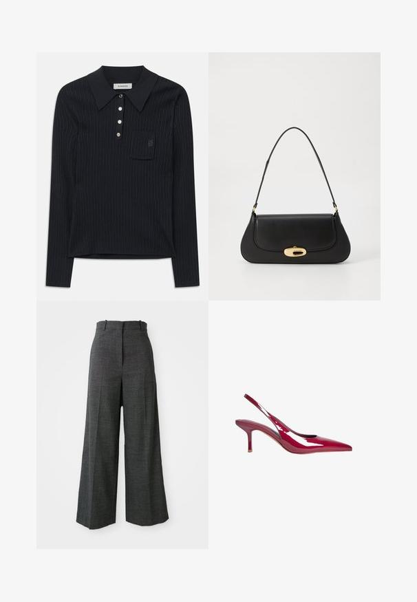 Črn volnen plašč z dvojno zapenjanjem, širokimi reverji, dvema sprednjima žepoma in ohlapnim, rahlo prenapihnjenim krojem.; Črna rebrasta pletena polo majica z dolgimi rokavi in ovratnikom, štirimi srebrnimi gumbi ter majhnim žepom na prsih z diskretnim izvezenim logotipom.; Sive kariraste hlače širokih nogavica z visokim pasom, z sprednjimi naborki, vertikalno teksturo in brez vidne strojne opreme ali dodatkov.; Rdeče lakirane slingback pumpe s koničastim nosom, nizko peto in izrezanimi stranmi. Sijajna površina poudarja eleganten dizajn.; Črna usnjena torba s ukrivljeno zasnovo, z zlatimi dodatki in zgornjim ročajem. Ima eleganten zapirni mehanizem in gladko teksturo.