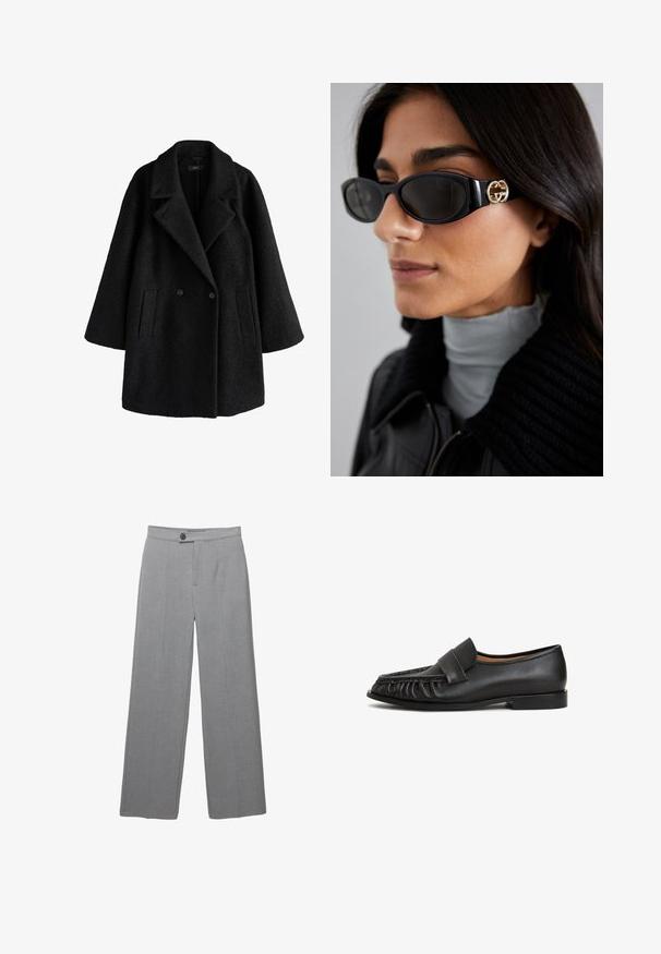 Musta villakotka, jossa on leveät kaulukset, kaksi etutaskua ja väljä, hieman ylisuurikokoinen istuvuus.; Valkoinen pitkähihainen nappipaita, joka on valmistettu kevyestä kankaasta. Omaisee klassisen kauluksen, suoran helman ja nappi etuosassa.; Harmaat räätälöidyt housut, joissa on leveä lahje, litteä etuosa ja hienovarainen rakenne. Varustettu yhdellä nappikiinnityksellä ja siisteillä linjoilla.; Mustat nahka loaferit, joissa on pyöreä kärki, etuosassa kerrostuumaa ja litteä pohja. Minimalistinen muotoilu ja sileä pinta.; Mustat aurinkolasit, joissa on tyylikäs suorakulmainen kehys ja kultainen logo-akkentti sivussa. Tumma linssit ja kiiltävä pinta ovat huomattavissa.; Musta nahkainen olkalaukku, jossa on pehmeä, roikkuva muotoilu, leveät kahvat ja sileä pinta. Ei näkyviä metalliosia tai koristeluja.