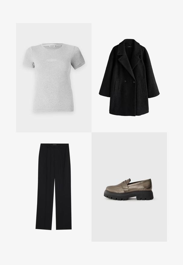 Fekete, dupla soros gyapjú kabát széles hajtókákkal, két elülső zsebbel és laza, enyhén oversized szabással.; Szürke, rövid ujjú póló bordázott anyagból, testhezálló fazonnal és egy kis fehér logóval a mellrészen.; Fekete nadrág egyenes szárú kialakítással, két első zsebbel és derékrésszel. Simának és könnyű anyagból készült.; Fémes olívazöld bőr loaferek kerek orral, fekete vastag gumitalppal és minimális varrási részletekkel a felső részen.