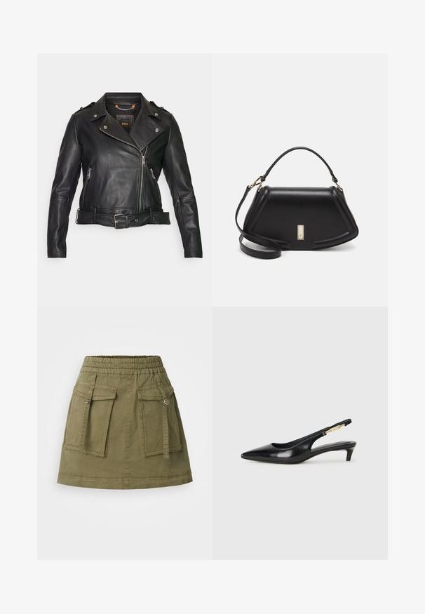 Mustan nahkaisen moottoripyörä-takin, jossa on epäsymmetrinen vetskari, sivutaskut ja vyöyksityiskohta. Varustettu hopeisilla metalliosilla ja sileällä pinnalla.; Musta puuvillapaita, jossa on pyöreä kaula-aukko, lyhyet hihat ja brodeerattu logo rinnassa. Yksinkertainen, rento istuvuus ilman kuvioita.; Hame oliivinvihreä, valmistettu puuvillasekoitekankaasta. Siinä on joustava vyötärönauha, kaksi etutaskua ja suora helma.; Mustat nahkaiset slingback-korkokengät, joissa on terävä kärki, ohuet korot ja kultasävytteinen yksityiskohta säädettävässä hihnassa. Silkkinen pinta.; Mustalla nahkalaukulla, jossa on jämäkkä muotoilu, lyhyt malli, yläkahva ja kultaiset yksityiskohdat. Säädettävä olkahihna sisältyy.
