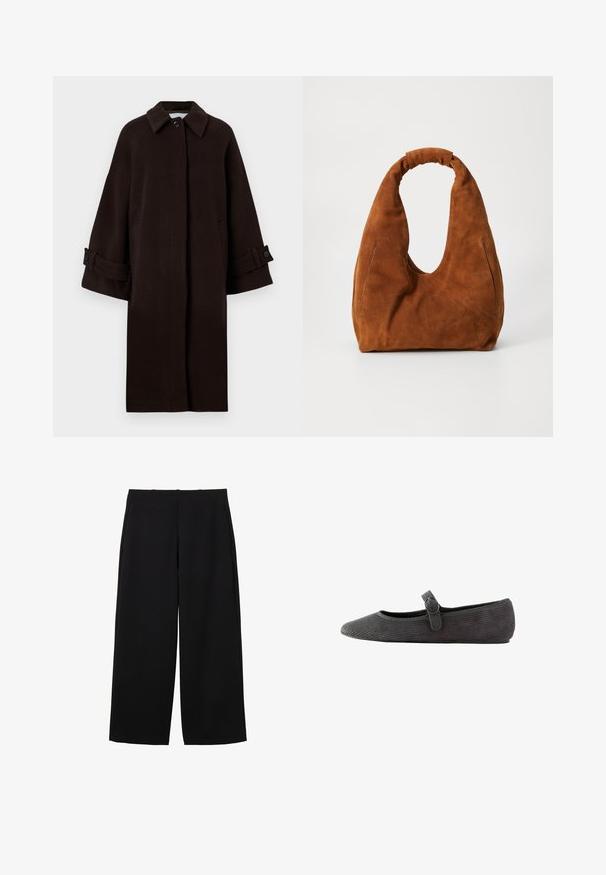 Brauner Wollmantel mit Kragen, Raglanärmeln, vorderem Knopfverschluss und Seitentaschen. Verfügt über Ärmelriemen mit Knöpfen.; Rot-weiße gestreifte Langarmbluse mit weitem Ausschnitt und geradem Schnitt. Weiches Material mit gleichmäßigen horizontalen Linien.; Schwarze weit geschnittene Hose aus strukturiertem Stoff mit hoher Taille, ausgestattet mit frontalen Falten und einem schlichten Design. Keine sichtbaren Taschen oder Beschläge.; Graue Corduroy-Ballerinas mit runder Zehenpartie, einem Knöchelriemen mit Schnalle und einer strukturierten Oberfläche. Flache Sohle für zusätzlichen Komfort.; Braune Wildleder-Hobo-Tasche mit einer weichen, runden Form, ausgestattet mit einem großen, gebogenen Griff und zwei unauffälligen Seitennähten. Texturierte Oberfläche, keine sichtbaren Beschläge.