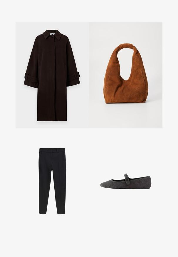 Manteau en laine brun avec un col, des manches raglan, une fermeture à boutons à l'avant et des poches latérales. Dispose de bracelets de poignet avec des boutons.; T-shirt à manches longues rayé rouge et blanc avec un large col et une coupe droite. Matériau doux avec des lignes horizontales uniformes.; Pantalons noirs ajustés coupe slim, longueur cheville, avec passants de ceinture et poches avant sur fond blanc.; Chaussure plate en velours côtelé gris avec un bout arrondi, sangle de cheville dotée d'une boucle et une surface texturée. Semelle plate pour le confort.; Sac hobo en suède marron avec une forme douce et arrondie, doté d'une grande anse courbée et de deux coutures latérales discrètes. Surface texturée, sans quincaillerie visible.