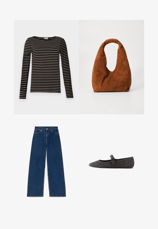 Brauner Wollmantel mit Kragen, Raglanärmeln, vorderem Knopfverschluss und Seitentaschen. Verfügt über Ärmelriemen mit Knöpfen.; Langärmliges gestreiftes T-Shirt mit schwarzen und beige horizontalen Streifen, einem runden Ausschnitt und einer taillierten Passform aus einem weichen Stoff.; Weite Jeans aus dunkelblauem Denim mit strukturiertem Oberflächendesign, ausgestattet mit Vordertaschen und einem Knopfverschluss an der Taille.; Graue Corduroy-Ballerinas mit runder Zehenpartie, einem Knöchelriemen mit Schnalle und einer strukturierten Oberfläche. Flache Sohle für zusätzlichen Komfort.; Braune Wildleder-Hobo-Tasche mit einer weichen, runden Form, ausgestattet mit einem großen, gebogenen Griff und zwei unauffälligen Seitennähten. Texturierte Oberfläche, keine sichtbaren Beschläge.