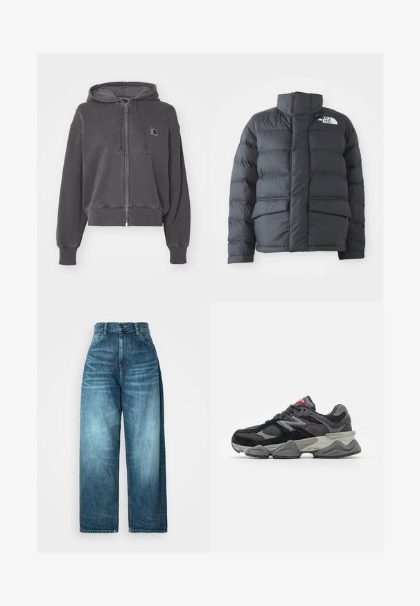 Schwarze Steppjacke mit hohem Kragen, gestepptem Design, Reißverschluss vorne und zwei Fronttaschen. Mit einem weißen Logo auf der linken Brust.; Carhartt WIP HOODED NELSON JACKET - Sweatjacke - graphite; Schwarz-weiße kurzärmelige Bodysuits mit Rundhalsausschnitten und Tanga-Style, aus glattem, dehnbarem Stoff gefertigt.; Hoch taillierte weite Jeans in mittelblauem Denim mit einem abgewaschenen Finish, traditionellem Taschendesign und einem Knopfverschluss vorne.; Schwarzer und grauer Sneaker mit einer Kombination aus Wildleder und Mesh-Materialien, dicker Sohle, ausgeprägtem Logo und roten Akzenten an der Zunge.