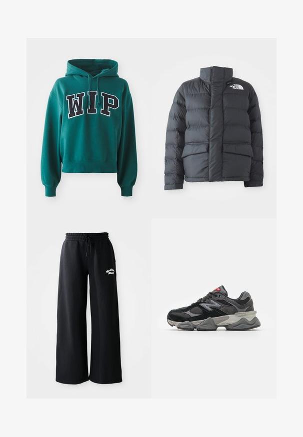 Čierna nafúknutá bunda s vysokým golierom, prešívaným dizajnom, zipsom vpredu a dvoma prednými vreckami. Obsahuje biele logo na ľavej hrudi.; Zelená skrátená mikina s kapucňou na šnúrku. Na prednej strane sa nachádza výrazný nápis "WIP" v čiernej a bielej farbe. Mäkky materiál s rebrovanými manžetami.; Čierne široké teplákové nohavice s nastaviteľným pásom. Na ľavej strane sú vyšívané texty, vyrobené z mäkkej zmesi bavlny.; Čierne a šedé tenisky s kombináciou semišu a sieťoviny, hrubou podrážkou, výrazným logom a červeným akcentom na jazyku.