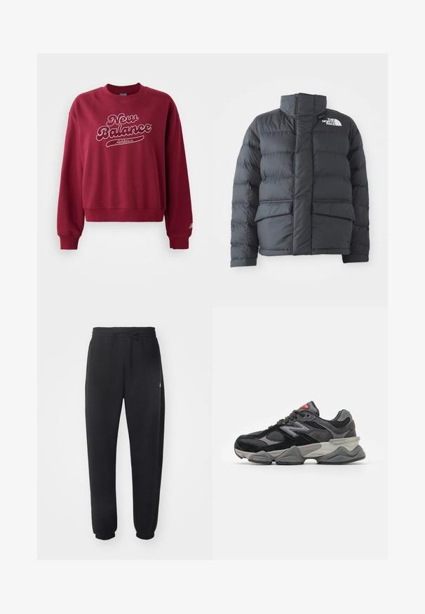 Svart puffjacka med hög krage, quiltad design, dragkedja fram och två frontfickor. Har en vit logotyp på vänster bröst.; Mörkröd sweatshirt med rund hals, som har en vit "New Balance" logotyp och texten "Athletics". Ribbstickade mudd och nederkant, mjukt material.; Svarta sweatpants gjorda av mjukt material med elastisk midja, snörning och smalnande mudd, med en subtil logotyp på sidan.; Svarta och grå sneakers med en kombination av mocka och mesh-material, tjock sula, framträdande logotyp och röd accent på tungan.