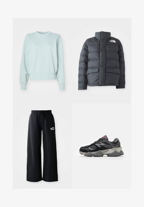 Giacca a vento imbottita in nylon nero con colletto alto, zip frontale e due grandi tasche a soffietto. Presenta un motivo a righe orizzontali per l'isolamento.; Felpa leggera verde menta in morbido misto cotone, presenta scollatura rotonda a costine, spalle abbassate e polsini a costine. Dettaglio del logo piccolo sul petto.; Pantaloni della tuta larghi neri con vita regolabile. Presentano un testo ricamato sul lato sinistro, realizzati in un morbido materiale misto cotone.; Sneaker nera e grigia con un mix di materiali in suede e mesh, suola spessa, logo prominente e accento rosso sulla linguetta.