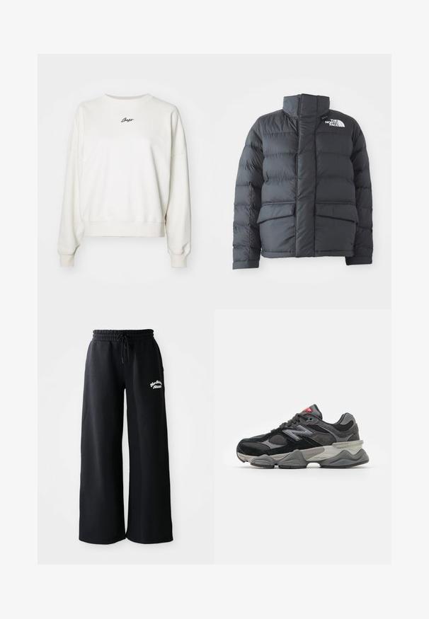 Chaqueta acolchada de nylon negro con cuello alto, cremallera frontal y dos grandes bolsillos con solapa. Presenta un patrón de acolchado horizontal para el aislamiento.; Sudadera blanca de algodón con cuello redondo, hombros caídos, puños acanalados y logotipo bordado en negro de "Boss" en el pecho.; Pantalones de chándal anchos y negros con cintura ajustable. Presentan texto bordado en el lado izquierdo, fabricados con una suave mezcla de algodón.; Zapatilla negra y gris con una mezcla de materiales de ante y malla, suela gruesa, logotipo prominente y acento rojo en la lengüeta.