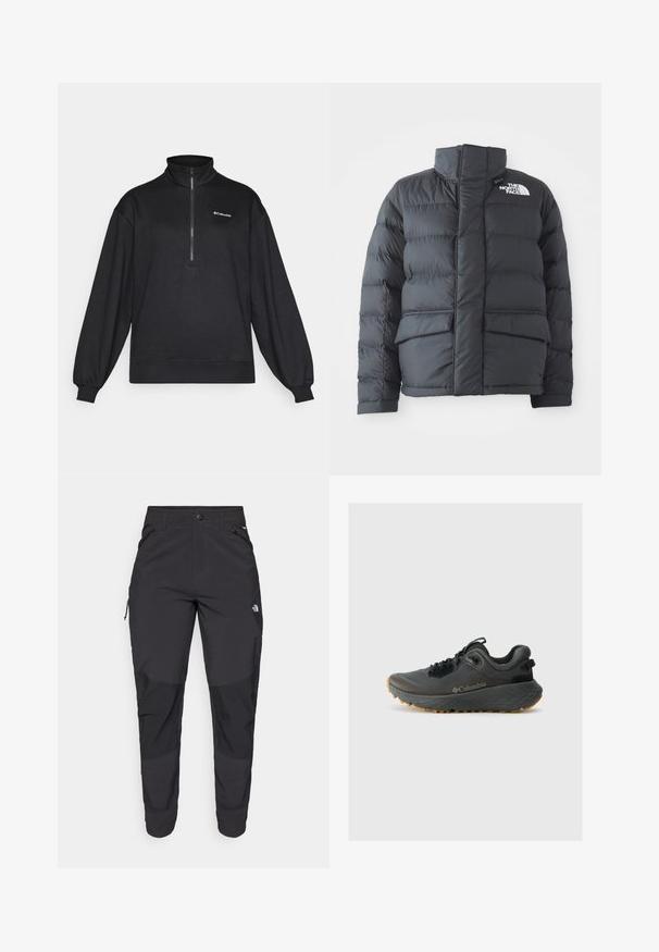 Juodas pūkinis džemperis su aukštu apykakle, siuvinėtu dizainu, užtrauktuku priekyje ir dviem priekinėmis kišenėmis. Ant kairiojo krūtinės yra baltas logotipas.; Juodas pūkinis megztinis, pusiau užtrauktuko apykaklė, ilgomis rankovėmis, laisvas kirpimas, surišti rankogaliai ir apačia, viršuje kairėje pusėje yra balta logo.; Juodos lauko kelnės, pagamintos iš patvarios medžiagos. Turi užtraukiamas kišenes, sustiprintus kelio plotus ir tiesią konstrukciją, leidžiančią laisvai judėti.; Columbia TERRASTRIDE CRZ - Turistiniai batai - shark/black