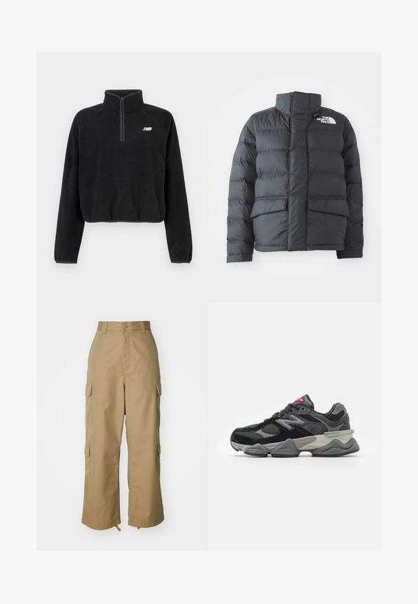 Giubbotto in piuma nera con colletto alto, design trapuntato, chiusura con zip sul davanti e due tasche frontali. Presenta un logo bianco sul petto sinistro.; Pullover in pile nero con mezza zip, polsini elasticizzati e logo New Balance bianco sul petto.; Pantaloni cargo beige con vita alta, gamba ampia e quattro grandi tasche laterali. Realizzati in un tessuto resistente con una texture liscia e dettagli minimi.; Sneaker nera e grigia con un mix di materiali in suede e mesh, suola spessa, logo prominente e accento rosso sulla linguetta.