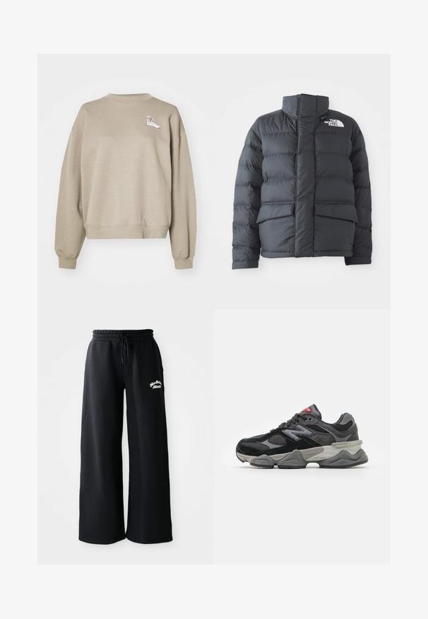 Černá prošívaná bunda s vysokým límcem, prošívaným designem, předním zipem a dvěma předními kapsami. Na levé hrudi se nachází bílé logo.; Khaki mikina vyrobená z měkké tkaniny, s kulatým výstřihem a volným střihem. Obsahuje malou grafiku boty s květinovými akcenty.; Černé široké tepláky s elastickým pasem na šňůrku. Na levé straně jsou vyšívané texty, vyrobené z měkké bavlněné směsi.; Černé a šedé sneakersy se směsí semišových a síťovaných materiálů, silnou podrážkou, výrazným logem a červeným akcentem na jazyku.