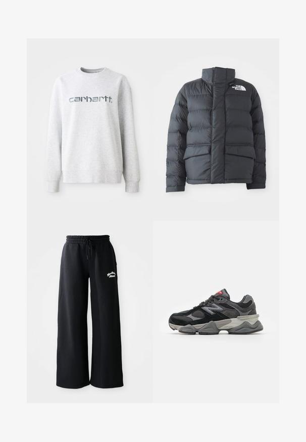 Černá prošívaná bunda s vysokým límcem, prošívaným designem, předním zipem a dvěma předními kapsami. Na levé hrudi se nachází bílé logo.; Šedá bavlněná mikina se zaobleným výstřihem, žebrovanými manžetami a velkým reflexním logem "carhartt" na přední straně.; Černé široké tepláky s elastickým pasem na šňůrku. Na levé straně jsou vyšívané texty, vyrobené z měkké bavlněné směsi.; Černé a šedé sneakersy se směsí semišových a síťovaných materiálů, silnou podrážkou, výrazným logem a červeným akcentem na jazyku.