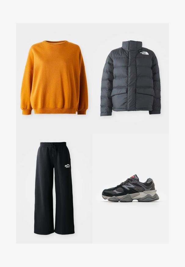Chaqueta acolchada de nylon negro con cuello alto, cremallera frontal y dos grandes bolsillos con solapa. Presenta un patrón de acolchado horizontal para el aislamiento.; Sudadera naranja con escote redondo, hombros caídos y puños acanalados. Textura suave con un ligero patrón moteado en todo su tejido.; Pantalones de chándal anchos y negros con cintura ajustable. Presentan texto bordado en el lado izquierdo, fabricados con una suave mezcla de algodón.; Zapatilla negra y gris con una mezcla de materiales de ante y malla, suela gruesa, logotipo prominente y acento rojo en la lengüeta.