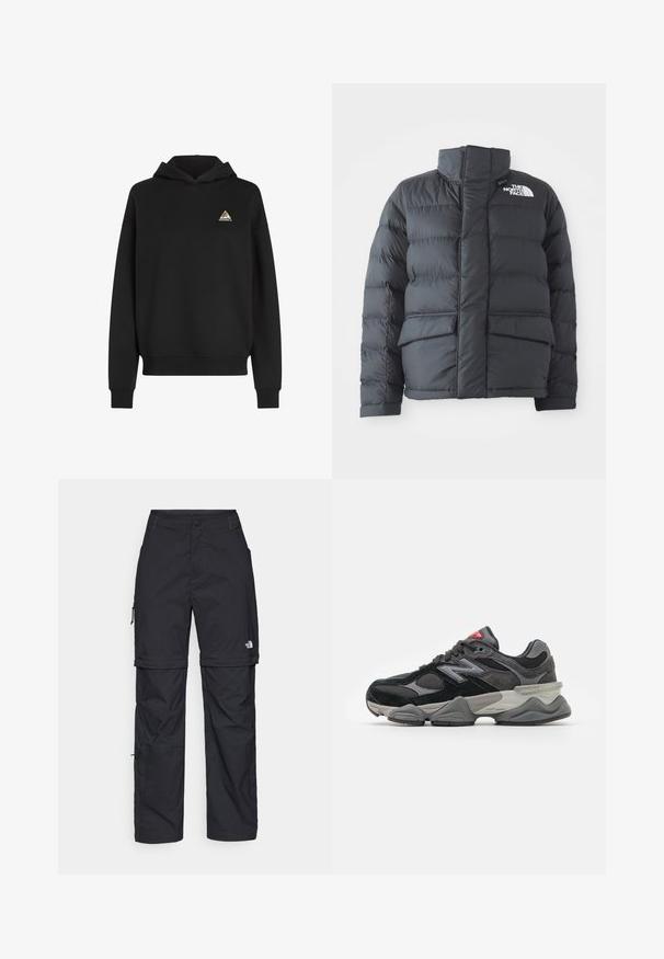 Schwarze Steppjacke mit hohem Kragen, gestepptem Design, Reißverschluss vorne und zwei Fronttaschen. Mit einem weißen Logo auf der linken Brust.; Schwarzer Hoodie mit Kängurutasche, verstellbarem Zugband und einem dreieckigen, mehrfarbigen Logo auf der linken Brustseite. Weiches Material.; Schwarze Nylon-Zip-Off-Cargohosen mit verstellbaren Bündchen, mehreren Taschen und einem Logo am rechten Bein. Glatte, leichte Textur.; Schwarzer und grauer Sneaker mit einer Kombination aus Wildleder und Mesh-Materialien, dicker Sohle, ausgeprägtem Logo und roten Akzenten an der Zunge.