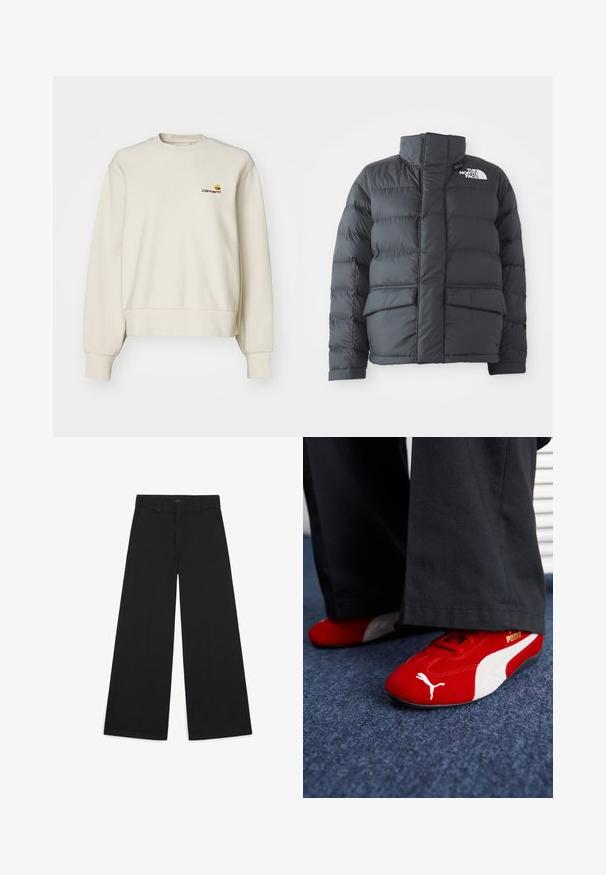 Mustvalge puffer-jakk kõrge kraega, tikanditud disain, tõmblukk eest ja kaks esimest taskut. Vasakule rinda on trükitud valge logo.; Kreemivärvi kootud särk pehmest kangast, ümarate kaeluste, soonikute käiste ja väikese tikitud logoga rinnal.; Laiad mustad püksid, mis on valmistatud pehmest, kudumisest kangast. Omavad presseeritud voldikuid, vöörihmasid ja puhtat, viimistletud lõpptulemust.; Punased sametist tennisetossud valgete detailidega, iseloomulik materjal, ümmargune varvas ja külgsuunas kuldne logo, kantud mustade pükstega.