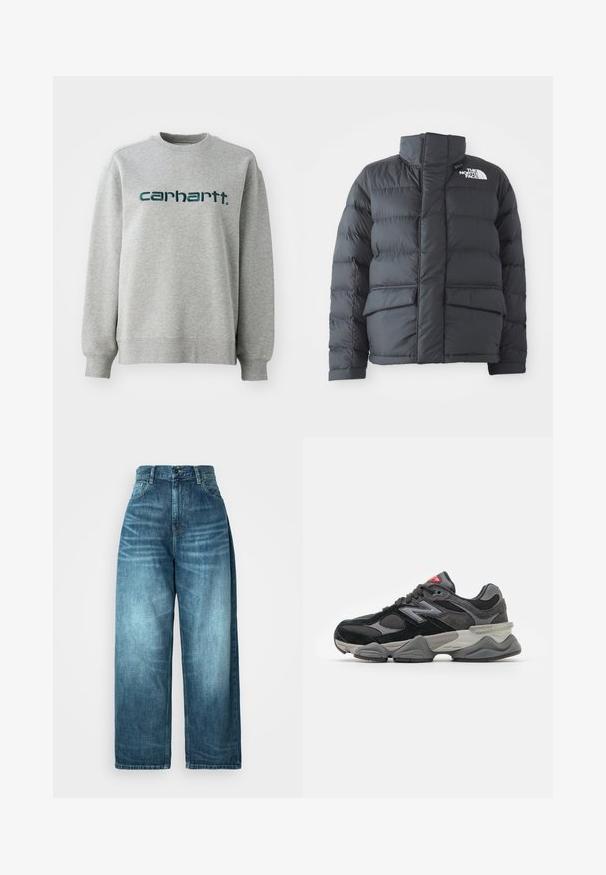 Černá prošívaná bunda s vysokým límcem, prošívaným designem, předním zipem a dvěma předními kapsami. Na levé hrudi se nachází bílé logo.; Šedá mikina vyrobená z bavlněné směsi, s kulatým výstřihem a žebrovanými manžetami. Na hrudi je umístěno logo v tmavě zelené barvě.; Džíny s vysokým pasem a širokými nohavicemi ve středně modrém denimu, s vybledlým vzhledem, klasickým designem kapes a předním zapínáním na knoflíky.; Černé a šedé sneakersy se směsí semišových a síťovaných materiálů, silnou podrážkou, výrazným logem a červeným akcentem na jazyku.