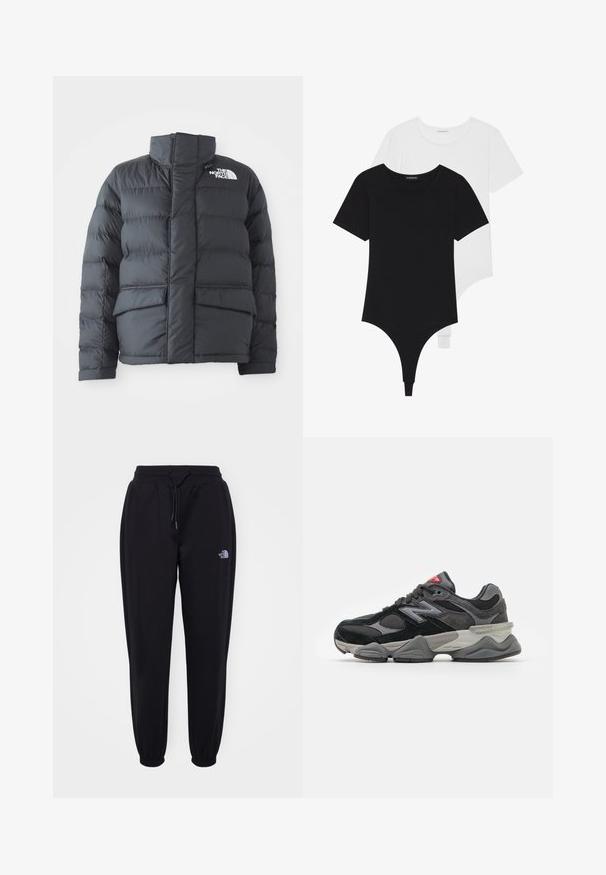 Zwarte pufferjack met een hoge kraag, gequilt ontwerp, ritssluiting aan de voorkant en twee voorzakken. Bevat een wit logo op de linkerborst.; Zwart-witte korte mouwen bodysuits met ronde halzen en stringonderdelen, gemaakt van glad, rekbaar stof.; Zwarte joggingsbroek met elastische tailleband en boorden, trekkoord, zijzakken en een klein wit The North Face-logo op de rechterdij.; Zwarte en grijze sneaker met een mix van suede en mesh materialen, dikke zool, opvallend logo en een rode accent op de tong.