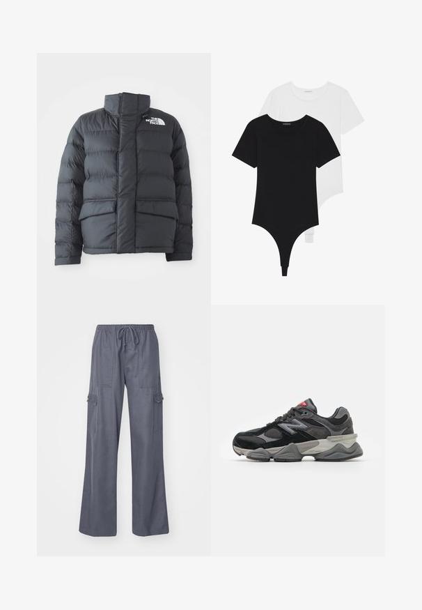 Schwarze Steppjacke mit hohem Kragen, gestepptem Design, Reißverschluss vorne und zwei Fronttaschen. Mit einem weißen Logo auf der linken Brust.; Schwarz-weiße kurzärmelige Bodysuits mit Rundhalsausschnitten und Tanga-Style, aus glattem, dehnbarem Stoff gefertigt.; Graue Cargo-Hosen mit einer Kordelzug-Taille, weiten Beinen und zwei Seitentaschen. Hergestellt aus einem weichen, leichten Stoff.; Schwarzer und grauer Sneaker mit einer Kombination aus Wildleder und Mesh-Materialien, dicker Sohle, ausgeprägtem Logo und roten Akzenten an der Zunge.