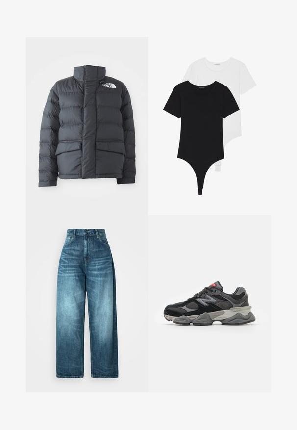 Juodas pūkinis džemperis su aukštu apykakle, siuvinėtu dizainu, užtrauktuku priekyje ir dviem priekinėmis kišenėmis. Ant kairiojo krūtinės yra baltas logotipas.; Juodai balti trumpų rankovių bodžiai su apvaliais iškirpimais ir thong tipo apatiniais, pagaminti iš lygaus, tampraus audinio.; Aukštos juosmens platūs džinsai vidutinio mėlynumo denimo, su išblukusiu skalbimu, tradiciniu kišenių dizainu ir sagos uždarymu priekyje.; Juodos ir pilkos sportbačiai su zomšos ir tinklelio medžiagų mišiniu, storu padu, išsiskiriančiu logotipu ir raudona akcentu ant liežuvėlio.