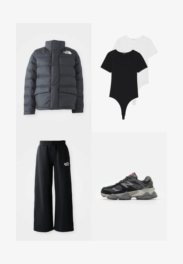 Puffer jacket in black nylon with a high collar, front zipper, and two large flap pockets. Features horizontal quilted pattern for insulation.; Black and white short-sleeve bodysuits with round necklines and thong bottoms, made from smooth, stretchable fabric.; Black wide-leg sweatpants with a drawstring waist. Features embroidered text on the left side, made from soft cotton blend material.; Black and gray sneaker with a mix of suede and mesh materials, thick sole, prominent logo, and red accent on the tongue.